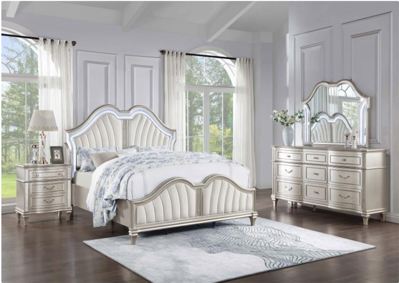 Evangeline Tufted Upholstered Platform Eastern King Bed Ivory and Silver Oak