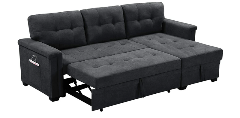 Upholstered Modern Sofa Bed Couch Sectional Sleeper Sofa Storage Chaise with USB Charger and Tablet Pocket for Phone Charging Port Station