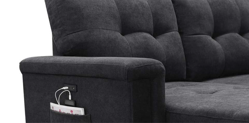 Upholstered Modern Sofa Bed Couch Sectional Sleeper Sofa Storage Chaise with USB Charger and Tablet Pocket for Phone Charging Port Station