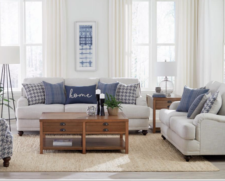 Gwen 3-Piece Recessed Arms Living Room Set Light Grey And Blue