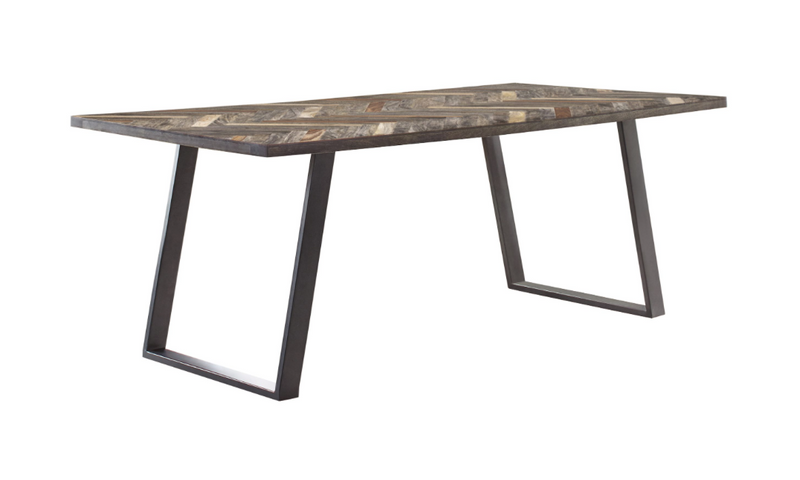 Misty Sled Leg Dining Table Grey Sheesham And Gunmetal With 4 Chairs and Bench