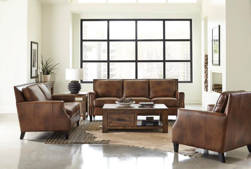Leaton 3-Piece Recessed Arms Living Room Set Brown Sugar