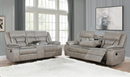 Motion Sofa Upholstered in Taupe Performance - Grade Leathered