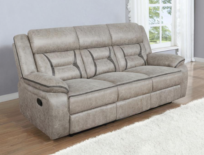 Motion Sofa Upholstered in Taupe Performance - Grade Leathered