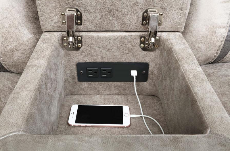 Motion Sofa Upholstered in Taupe Performance - Grade Leathered