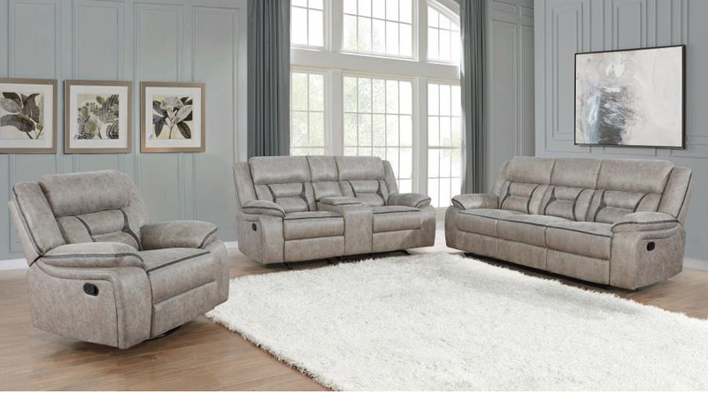 Motion Sofa Upholstered in Taupe Performance - Grade Leathered