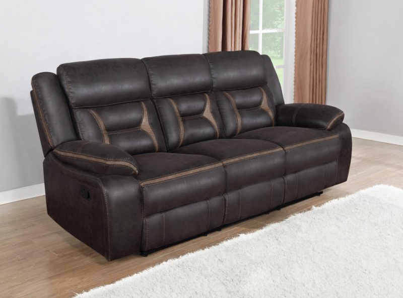 Motion Sofa Upholstered in Taupe Performance - Grade Leathered