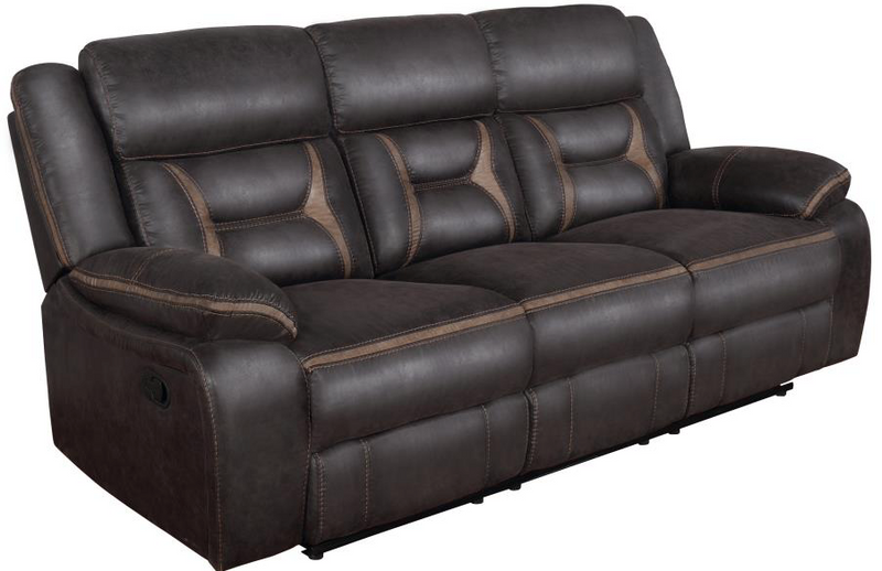 Motion Sofa Upholstered in Taupe Performance - Grade Leathered