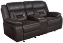 Motion Sofa Upholstered in Taupe Performance - Grade Leathered
