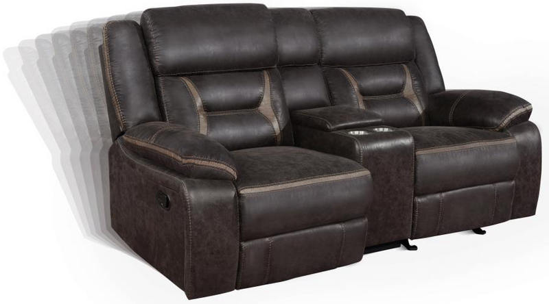 Motion Sofa Upholstered in Taupe Performance - Grade Leathered