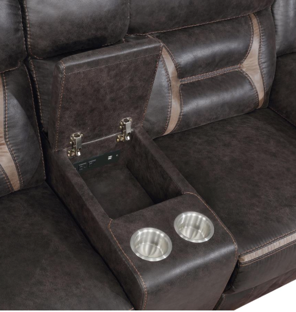 Motion Sofa Upholstered in Taupe Performance - Grade Leathered