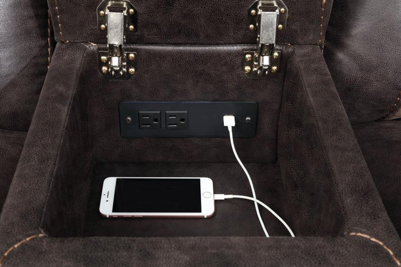 Motion Sofa Upholstered in Taupe Performance - Grade Leathered