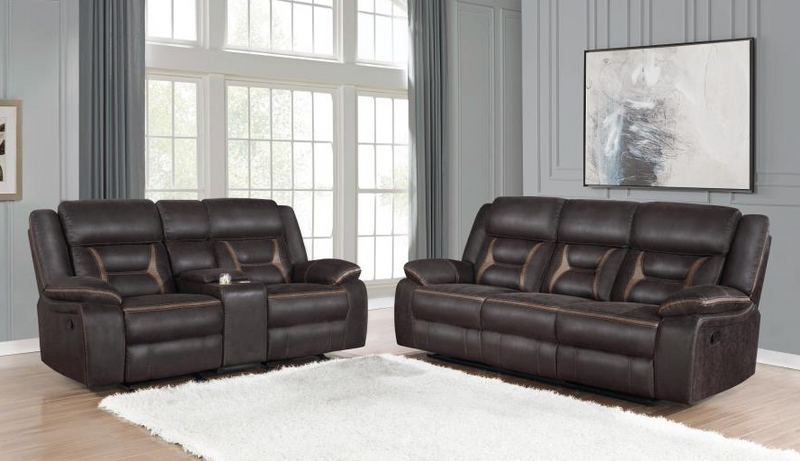 Motion Sofa Upholstered in Taupe Performance - Grade Leathered