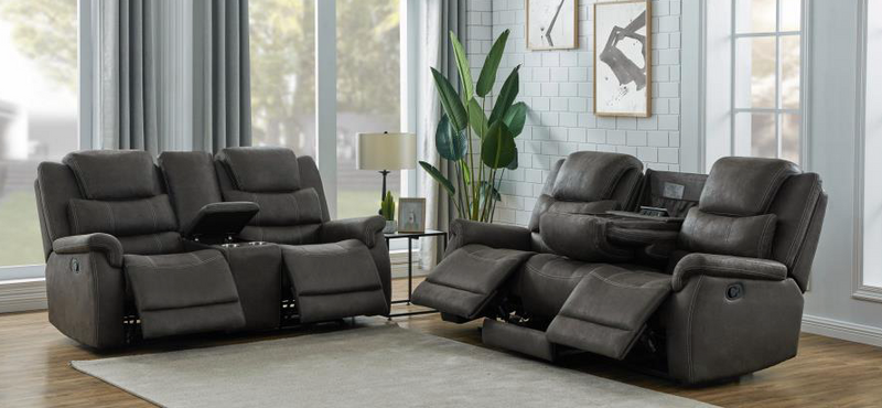 Wyatt Upholstered Motion 3 PC SET With Drop-Down Table Grey