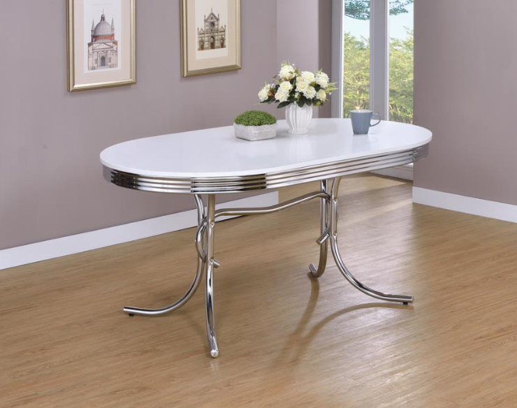 Retro Oval Dining Room Set Glossy White And Chrome.  5 PC SET