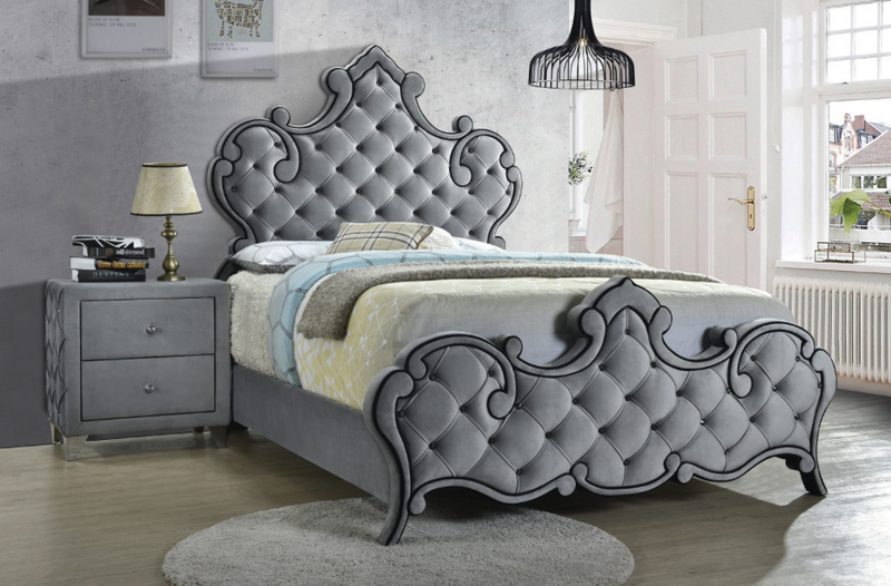 Sandboard Queen Rhinestone Button Tufted Bed Grey