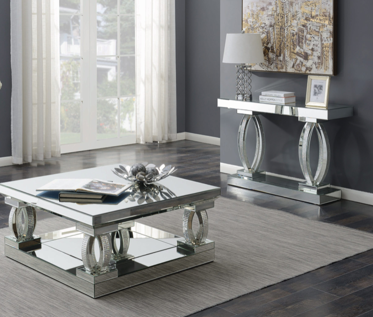 Avonlea Square Coffee Table With Lower Shelf Clear Mirror.