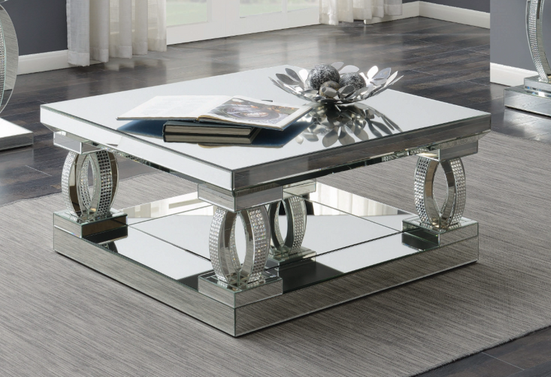 Avonlea Square Coffee Table With Lower Shelf Clear Mirror.