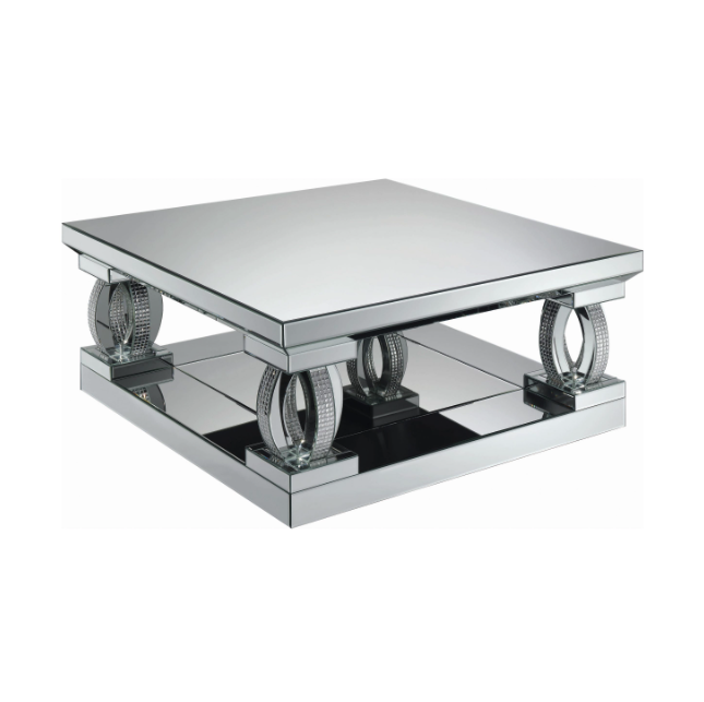 Avonlea Square Coffee Table With Lower Shelf Clear Mirror.