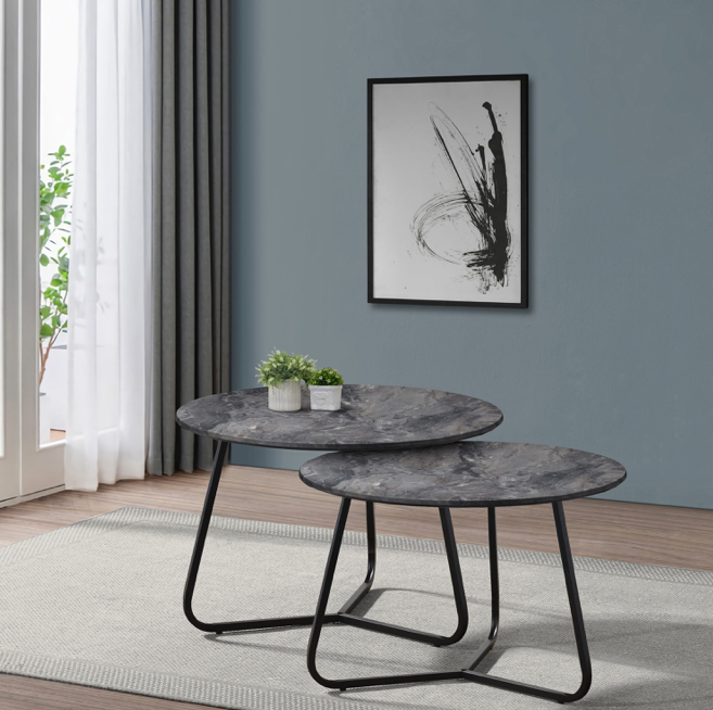 Lennox 2-Piece Round Coffee Table Set Faux Slate And Matte Black