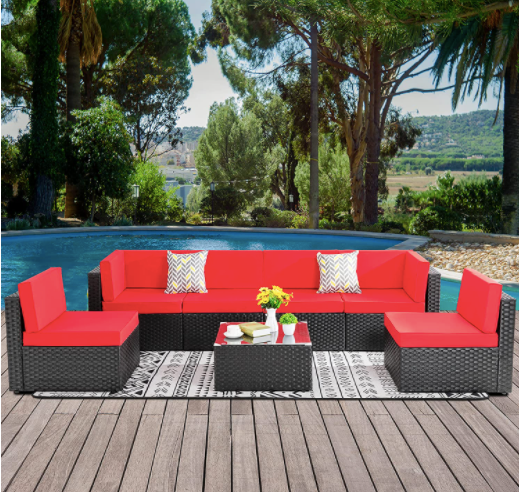 Peach Tree 7 PCs Outdoor Patio PE Rattan Wicker Sofa Sectional Furniture Set with Red Cushion, 2 Pillows and Tea Table