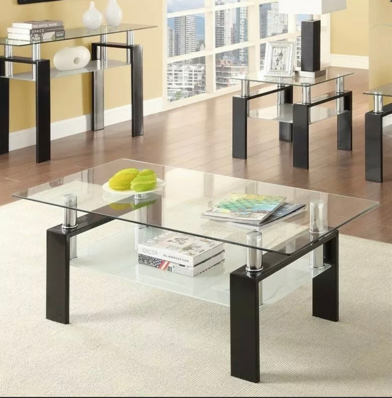 Black Tempered Glass Coffee Table With Shelf Black.