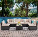 Peach Tree 7 PCs Outdoor Patio PE Rattan Wicker Sofa Sectional Furniture Set with Red Cushion, 2 Pillows and Tea Table
