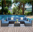 Peach Tree 7 PCs Outdoor Patio PE Rattan Wicker Sofa Sectional Furniture Set with Red Cushion, 2 Pillows and Tea Table