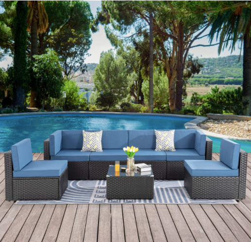 Peach Tree 7 PCs Outdoor Patio PE Rattan Wicker Sofa Sectional Furniture Set with Red Cushion, 2 Pillows and Tea Table